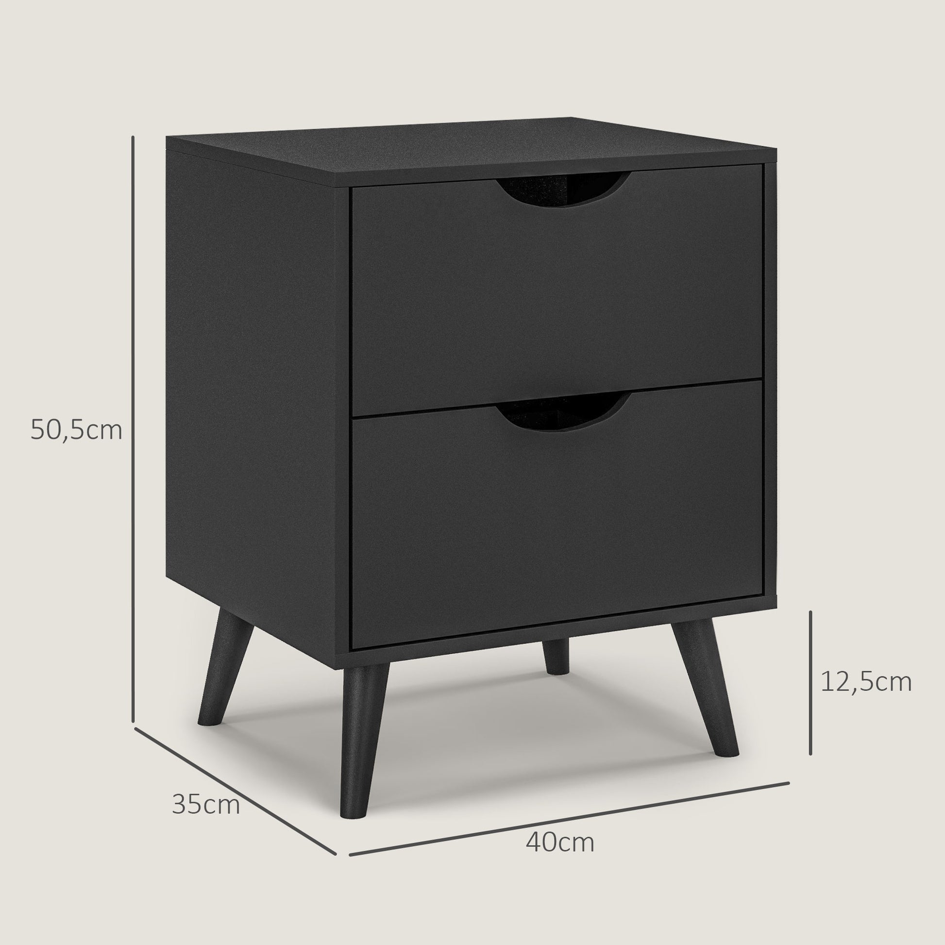Bedside Table Nightstand with 2 Drawers, Scandinavian Style for Bedroom, Living Room, 40 x 35 x 50.5 cm, Black