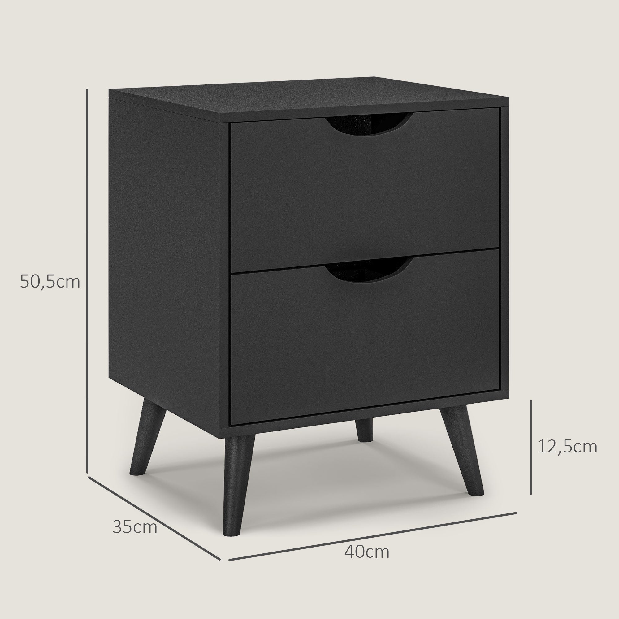Bedside Table Nightstand with 2 Drawers, Scandinavian Style for Bedroom, Living Room, 40 x 35 x 50.5 cm, Black