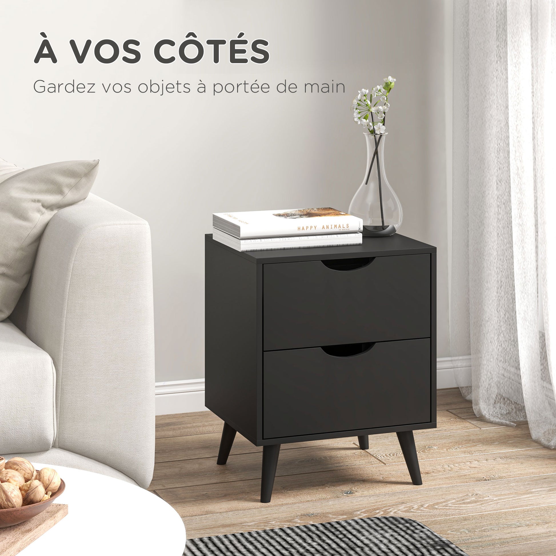 Bedside Table Nightstand with 2 Drawers, Scandinavian Style for Bedroom, Living Room, 40 x 35 x 50.5 cm, Black