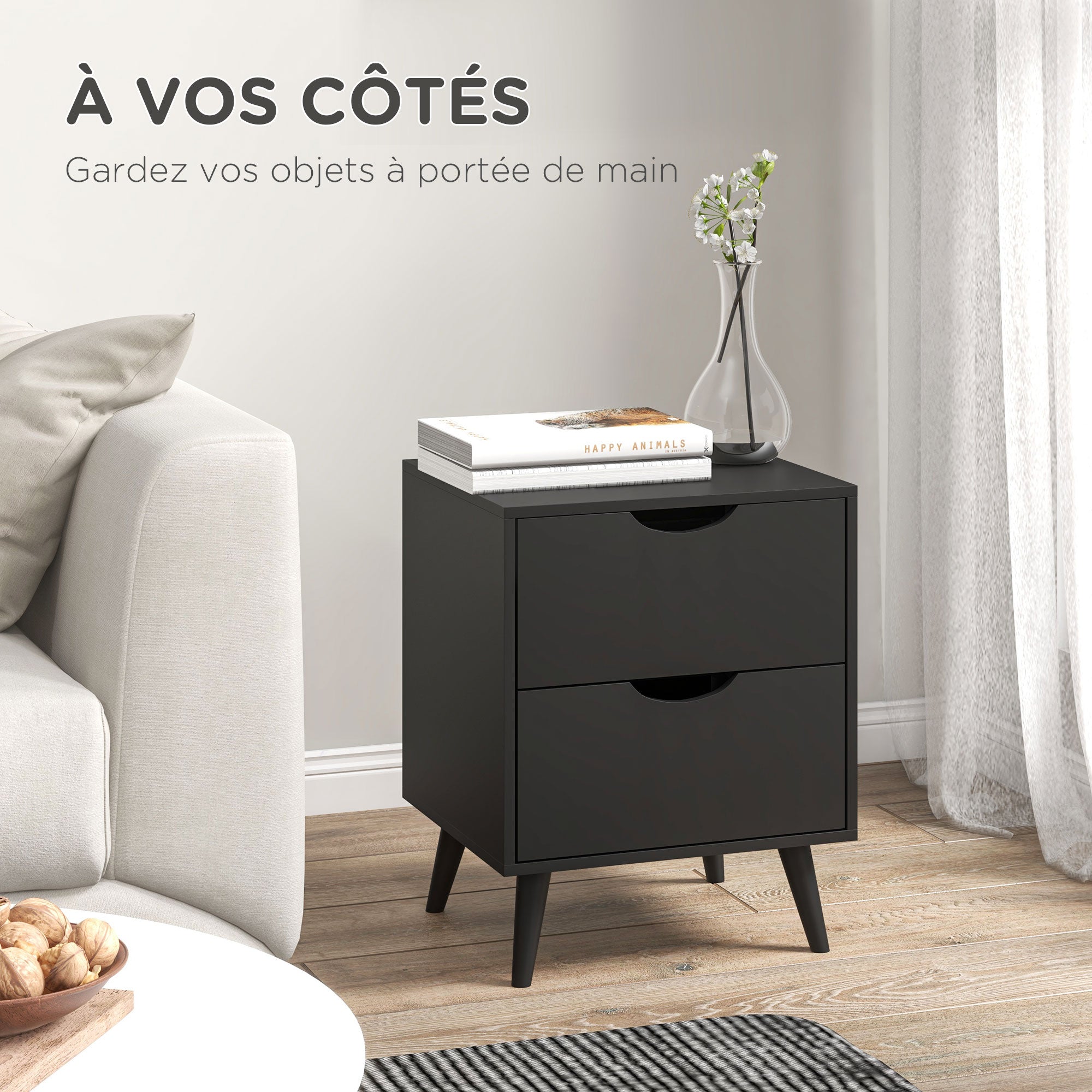 Bedside Table Nightstand with 2 Drawers, Scandinavian Style for Bedroom, Living Room, 40 x 35 x 50.5 cm, Black