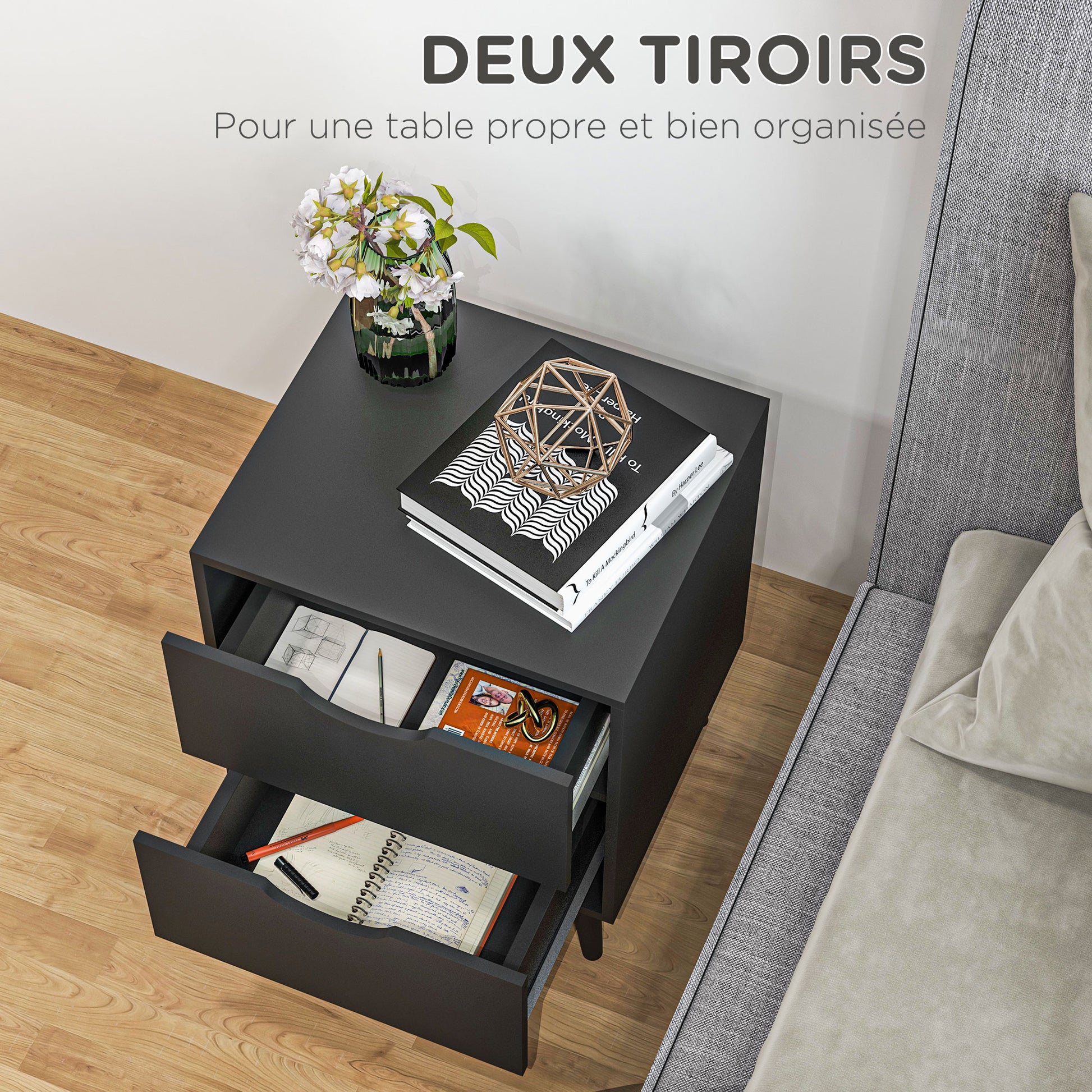 Bedside Table Nightstand with 2 Drawers, Scandinavian Style for Bedroom, Living Room, 40 x 35 x 50.5 cm, Black