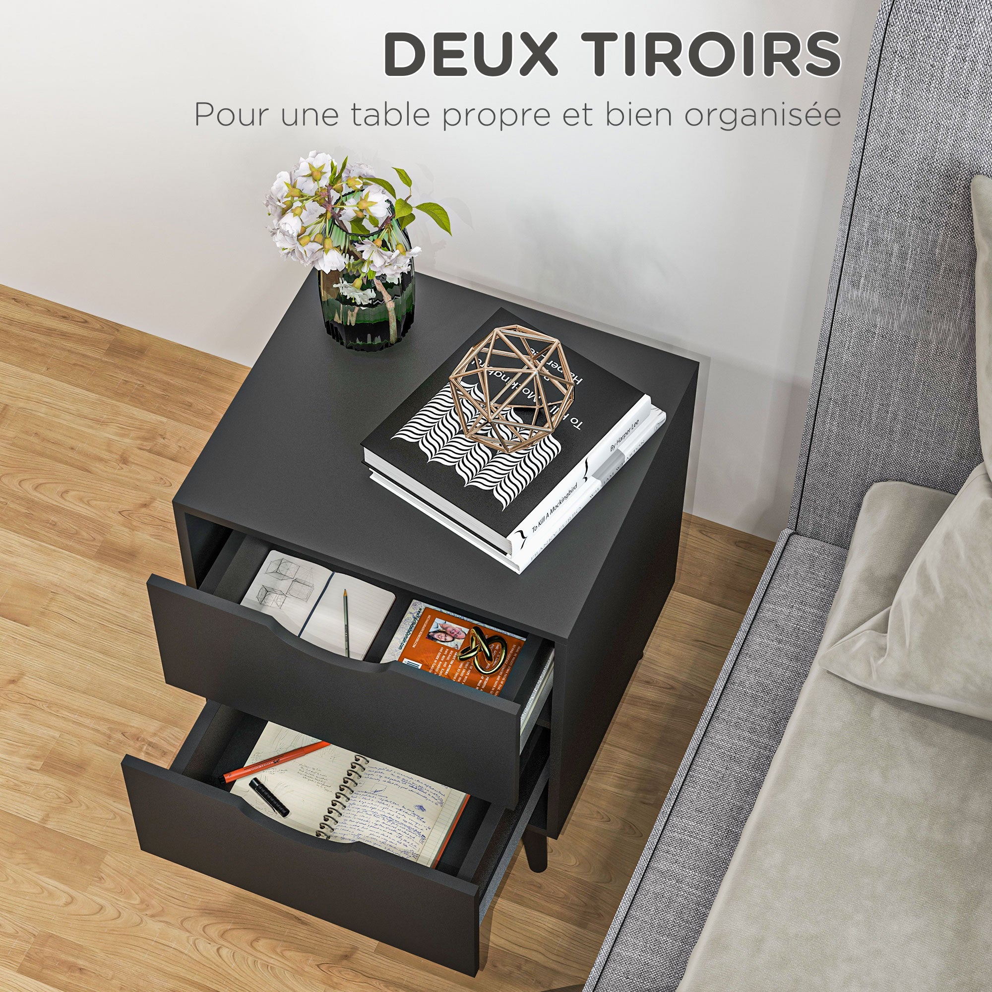 Bedside Table Nightstand with 2 Drawers, Scandinavian Style for Bedroom, Living Room, 40 x 35 x 50.5 cm, Black