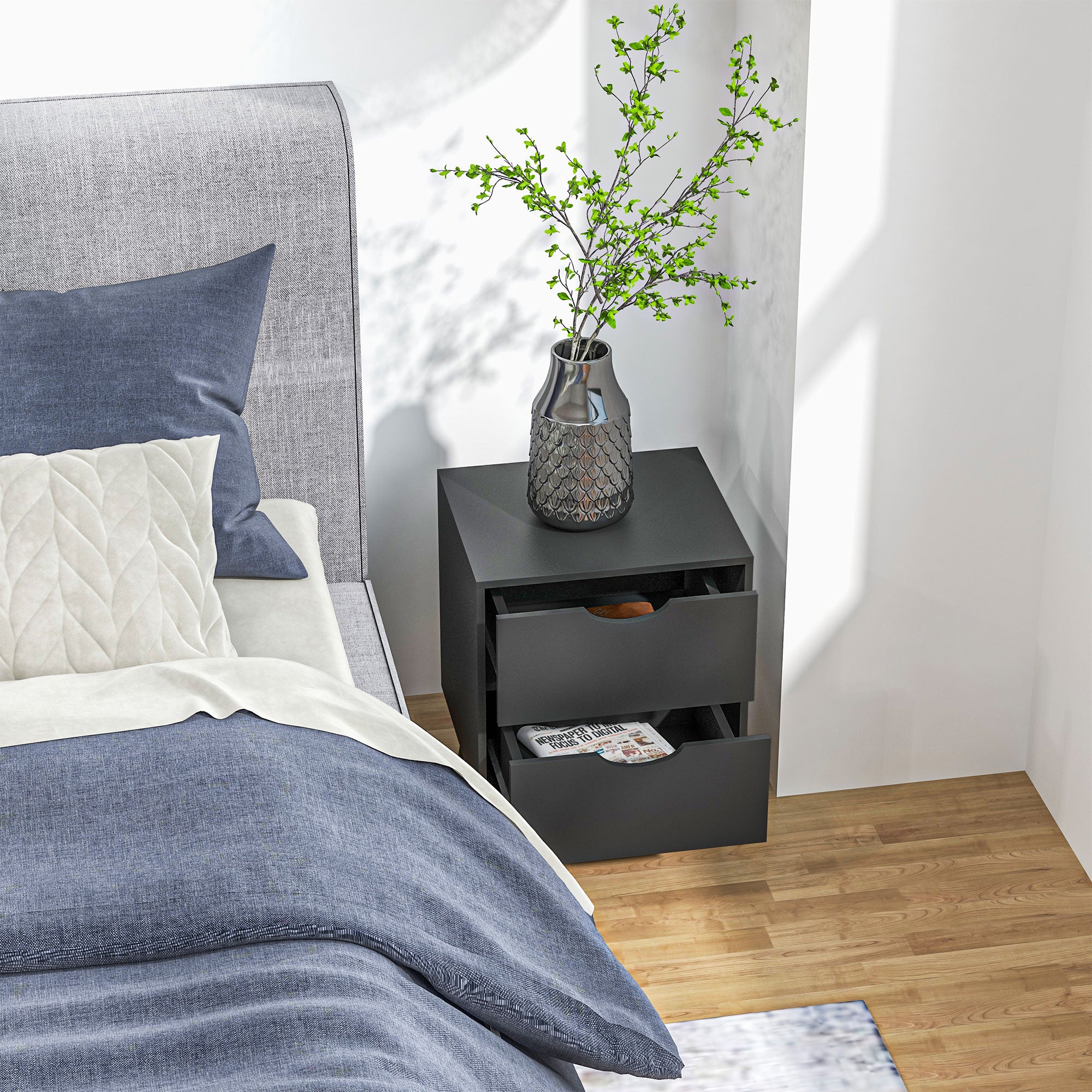 Bedside Table Nightstand with 2 Drawers, Scandinavian Style for Bedroom, Living Room, 40 x 35 x 50.5 cm, Black