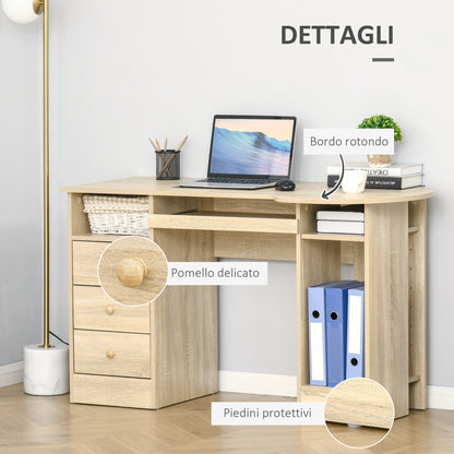 PC Desk for Office with Shelves, Desk for Children's Room with Drawers and Wooden Shelf Headboard, Computer Desk, Wood Color