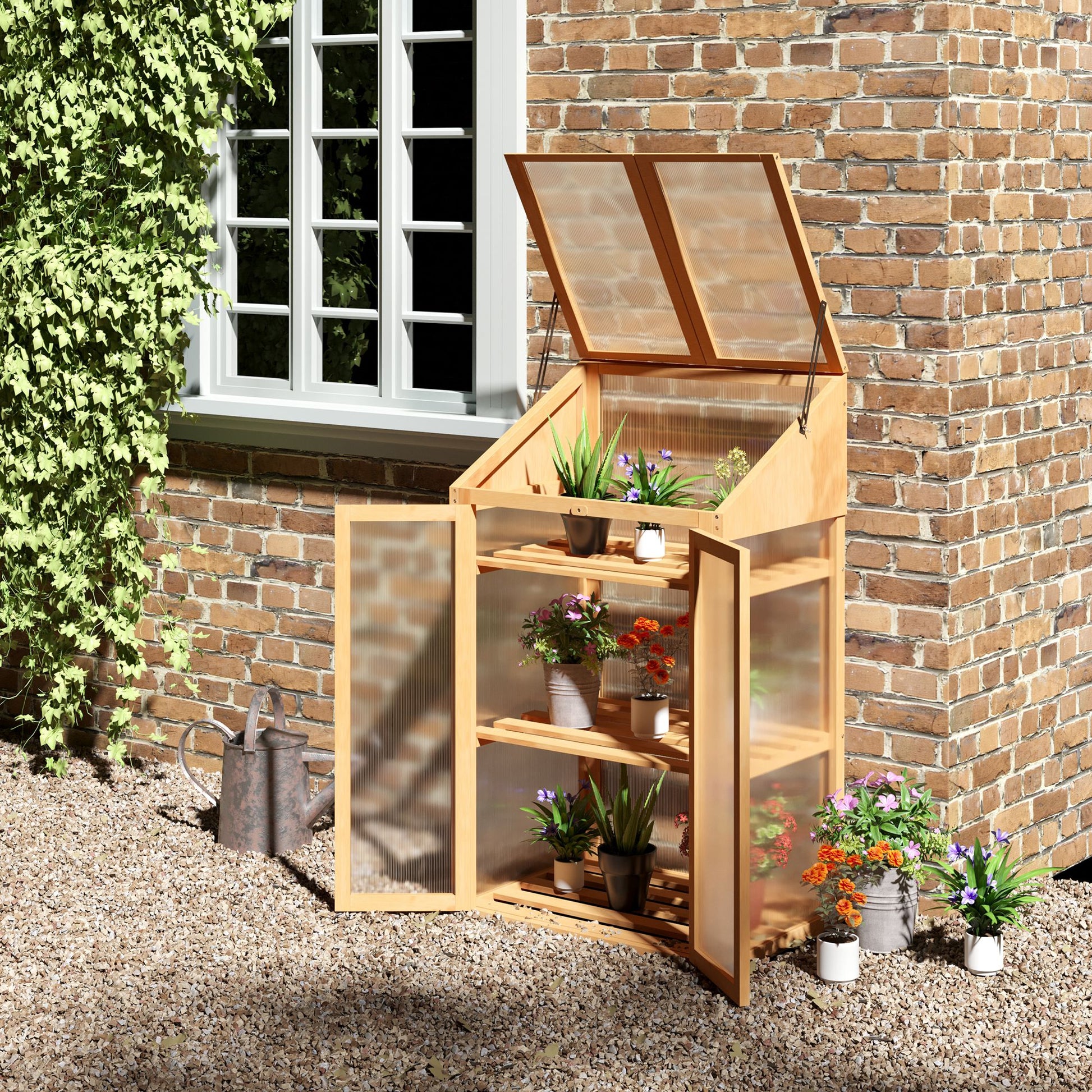 wooden cold frame, mini greenhouse 70 x 50 x 120 cm, greenhouse with cover, window, double door, light-permeable cold frame with 3 shelves, winterproof raised bed for garden, balcony, brown