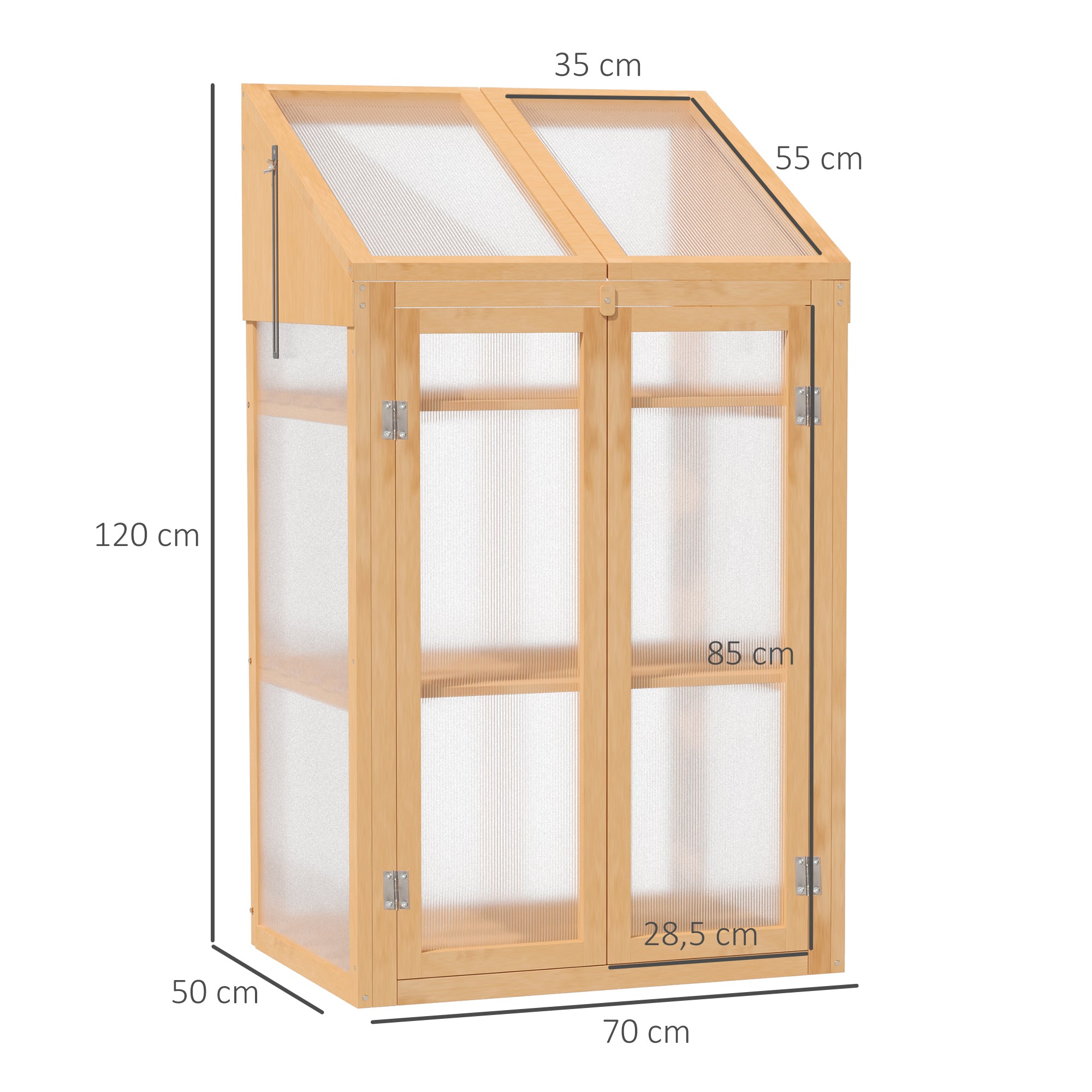 wooden cold frame, mini greenhouse 70 x 50 x 120 cm, greenhouse with cover, window, double door, light-permeable cold frame with 3 shelves, winterproof raised bed for garden, balcony, brown