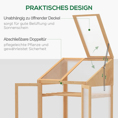 wooden cold frame, mini greenhouse 70 x 50 x 120 cm, greenhouse with cover, window, double door, light-permeable cold frame with 3 shelves, winterproof raised bed for garden, balcony, brown