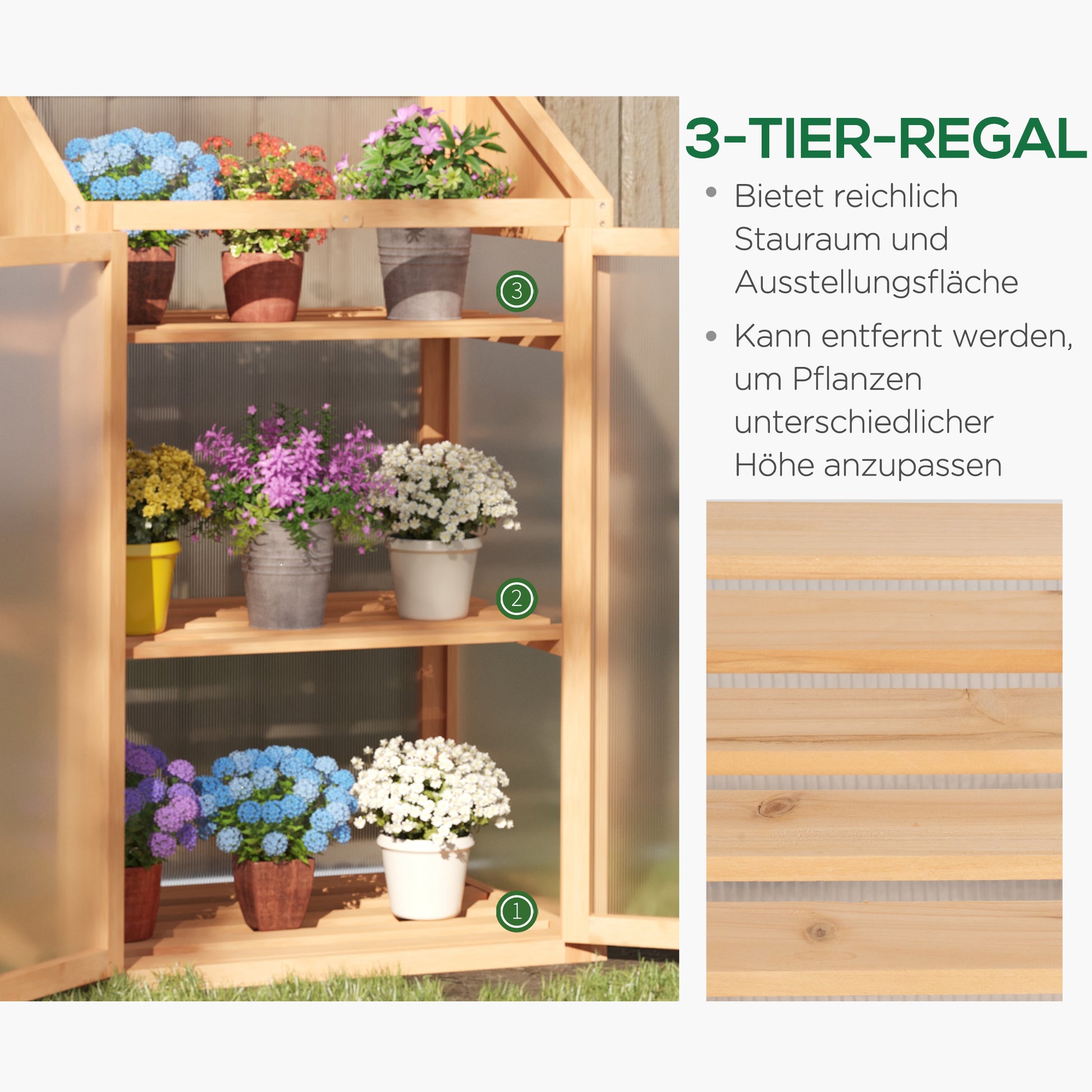 wooden cold frame, mini greenhouse 70 x 50 x 120 cm, greenhouse with cover, window, double door, light-permeable cold frame with 3 shelves, winterproof raised bed for garden, balcony, brown