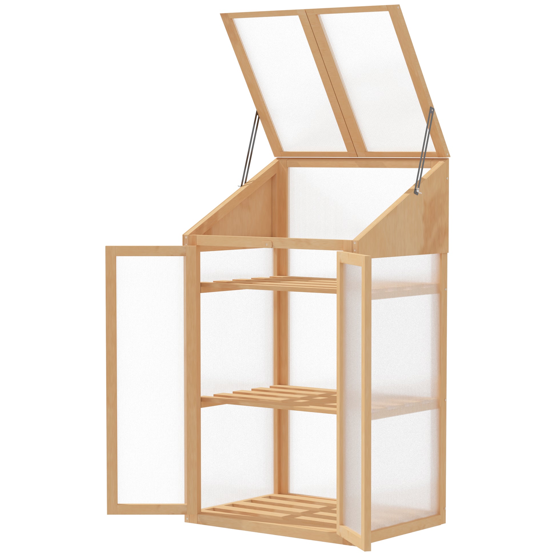 wooden cold frame, mini greenhouse 70 x 50 x 120 cm, greenhouse with cover, window, double door, light-permeable cold frame with 3 shelves, winterproof raised bed for garden, balcony, brown