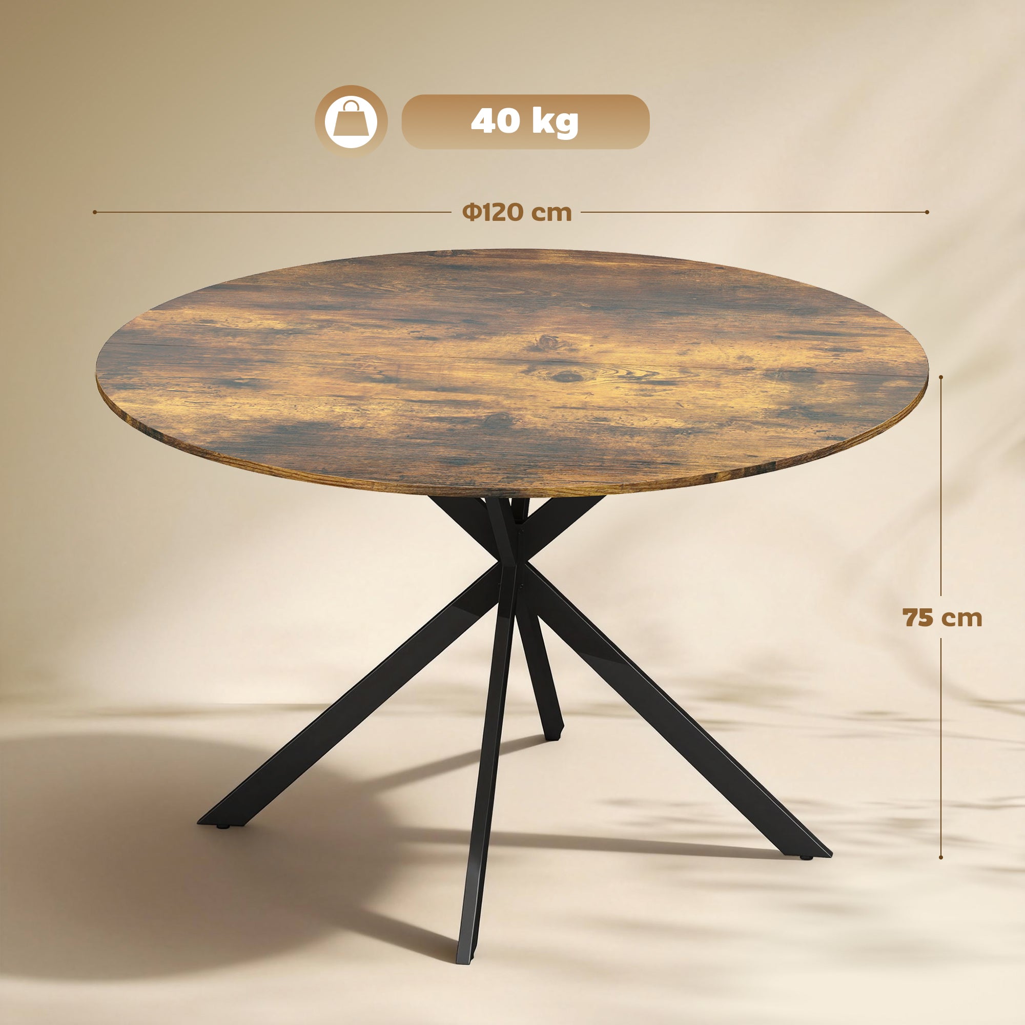 Round Dining Table for 4, Ø120 cm (47.2") Industrial Style with Steel X-Legs, Rustic Brown