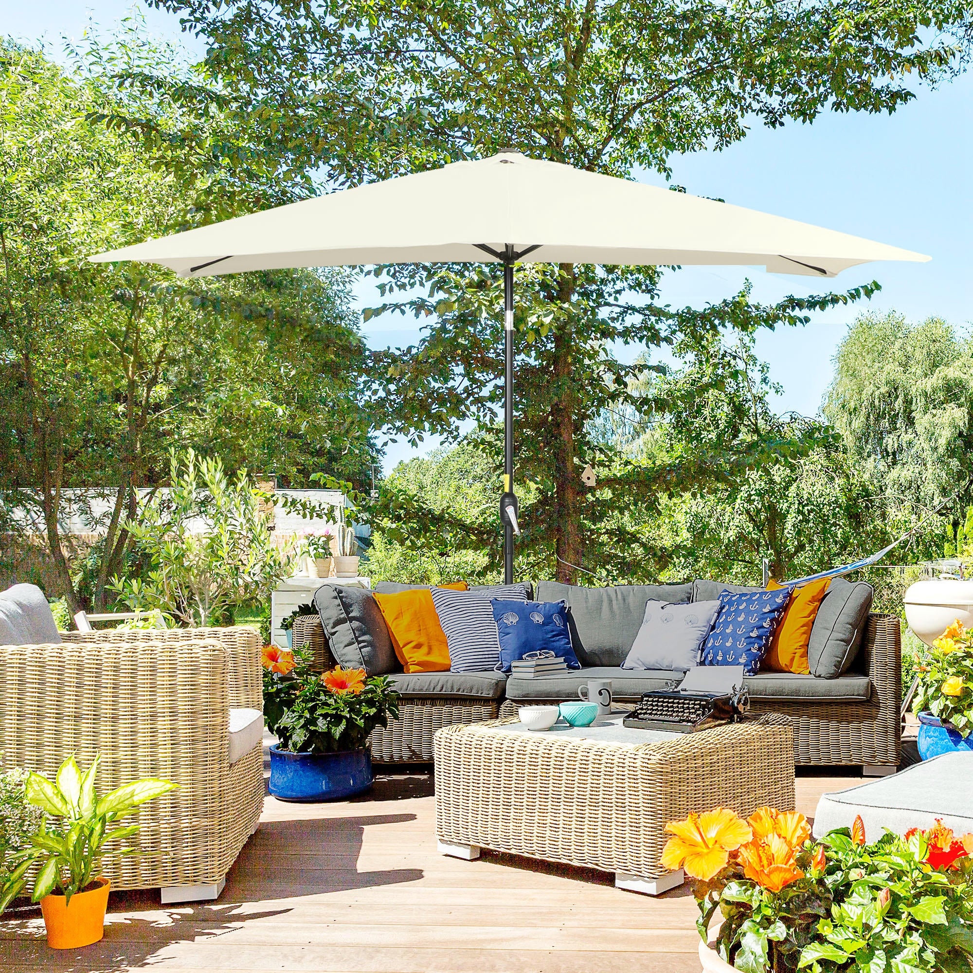 Outdoor Terrace Umbrella 76.77" x 116.14" Garden Parasol with Adjustable Angle Aluminum Pole and Anti-UV Umbrella for Garden Patio Cream
