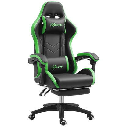 Ergonomic PU Leather and Steel Gaming Chair with Headrest and Adjustable Height, Reclining Backrest and Lumbar Cushion, 65x65x121-129 cm, Black and Green