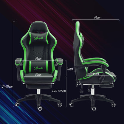 Ergonomic PU Leather and Steel Gaming Chair with Headrest and Adjustable Height, Reclining Backrest and Lumbar Cushion, 65x65x121-129 cm, Black and Green