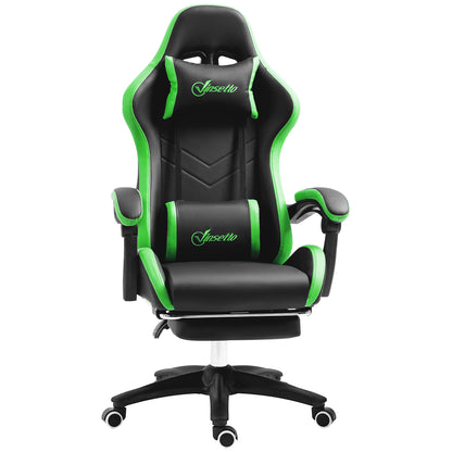 Ergonomic PU Leather and Steel Gaming Chair with Headrest and Adjustable Height, Reclining Backrest and Lumbar Cushion, 65x65x121-129 cm, Black and Green
