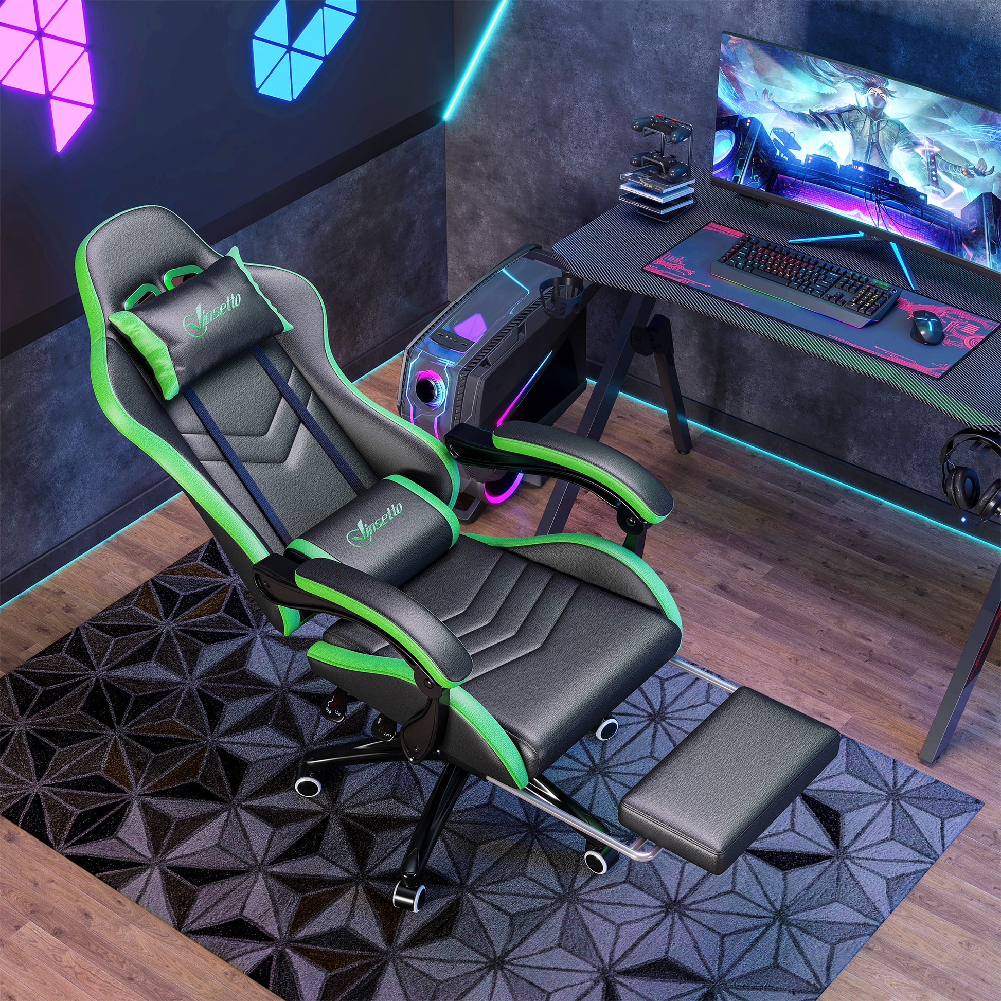 Ergonomic PU Leather and Steel Gaming Chair with Headrest and Adjustable Height, Reclining Backrest and Lumbar Cushion, 65x65x121-129 cm, Black and Green
