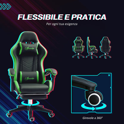 Ergonomic PU Leather and Steel Gaming Chair with Headrest and Adjustable Height, Reclining Backrest and Lumbar Cushion, 65x65x121-129 cm, Black and Green