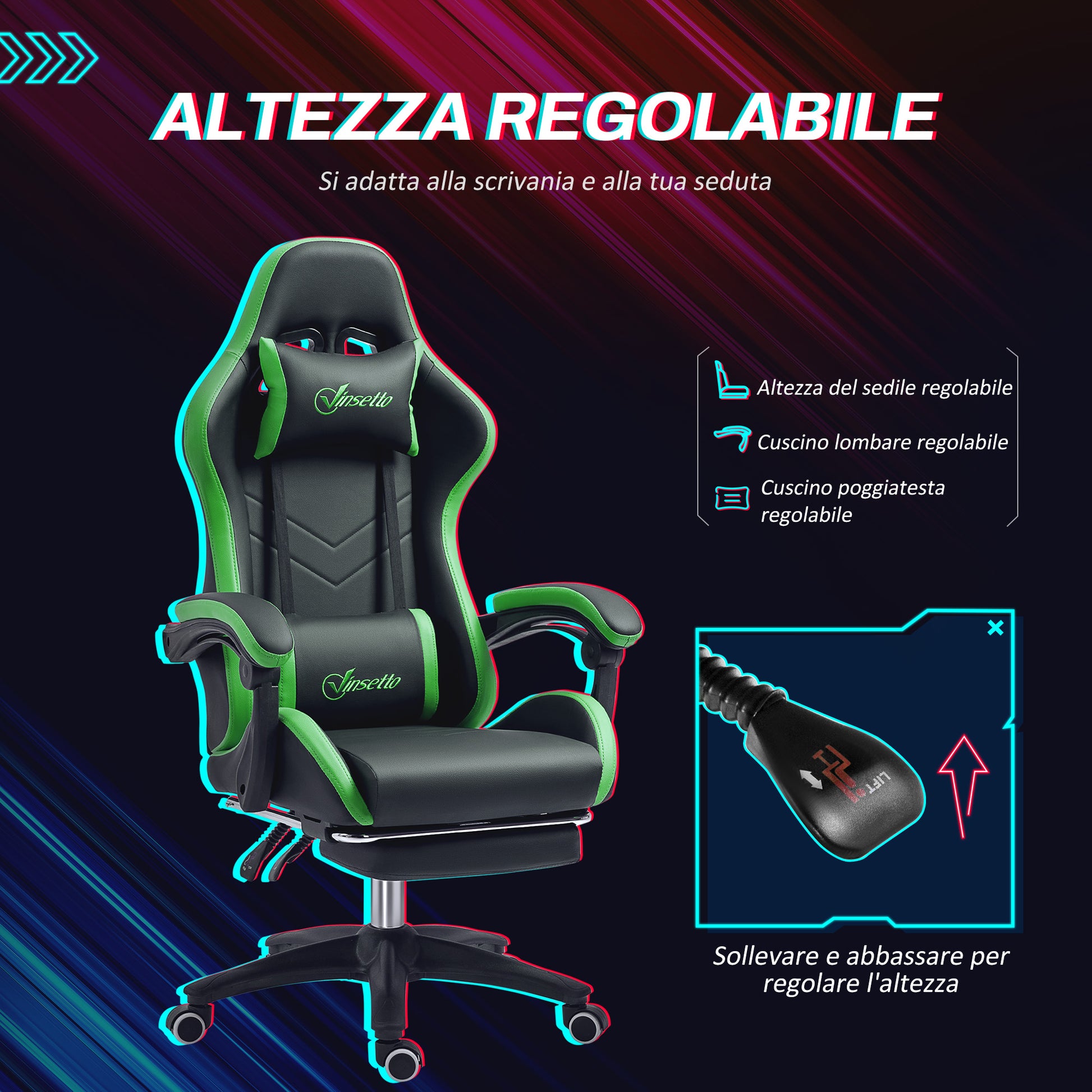 Ergonomic PU Leather and Steel Gaming Chair with Headrest and Adjustable Height, Reclining Backrest and Lumbar Cushion, 65x65x121-129 cm, Black and Green