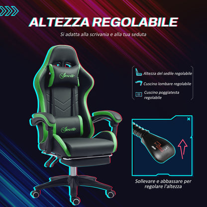 Ergonomic PU Leather and Steel Gaming Chair with Headrest and Adjustable Height, Reclining Backrest and Lumbar Cushion, 65x65x121-129 cm, Black and Green