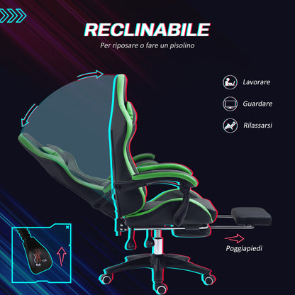 Ergonomic PU Leather and Steel Gaming Chair with Headrest and Adjustable Height, Reclining Backrest and Lumbar Cushion, 65x65x121-129 cm, Black and Green