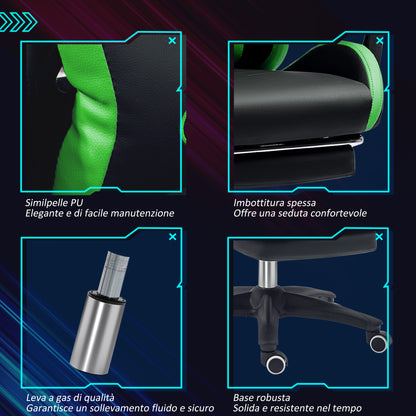 Ergonomic PU Leather and Steel Gaming Chair with Headrest and Adjustable Height, Reclining Backrest and Lumbar Cushion, 65x65x121-129 cm, Black and Green