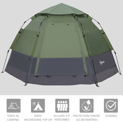 Pop Up Camping Tent 3-4 Person Dome Tent Waterproof Lightweight Ventilated Easy to Assemble 2 Large Doors 2.6L x 2.6W x 1.5H m Fiberglass Polyester Oxford Green Gray