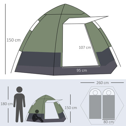 Pop Up Camping Tent 3-4 Person Dome Tent Waterproof Lightweight Ventilated Easy to Assemble 2 Large Doors 2.6L x 2.6W x 1.5H m Fiberglass Polyester Oxford Green Gray