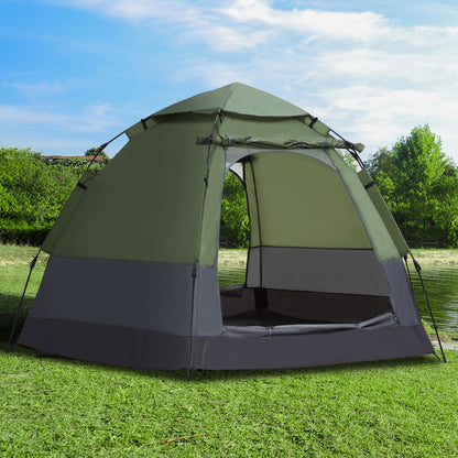 Pop Up Camping Tent 3-4 Person Dome Tent Waterproof Lightweight Ventilated Easy to Assemble 2 Large Doors 2.6L x 2.6W x 1.5H m Fiberglass Polyester Oxford Green Gray
