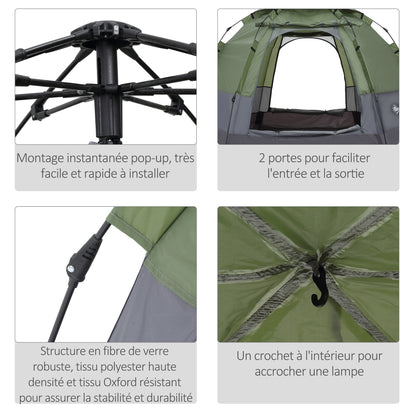 Pop Up Camping Tent 3-4 Person Dome Tent Waterproof Lightweight Ventilated Easy to Assemble 2 Large Doors 2.6L x 2.6W x 1.5H m Fiberglass Polyester Oxford Green Gray