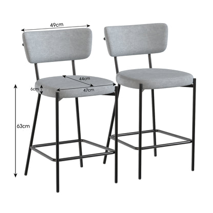Set of 2 Upholstered Bar Stools — 24.8" Seat Height, Curved Back & Footrest, Metal Legs, Linen-Look Fabric, Light Gray