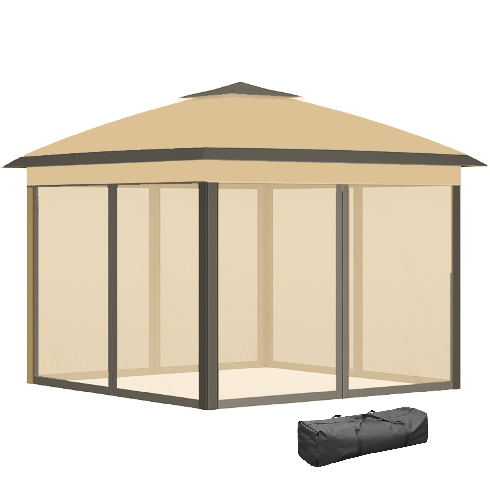 Pavilion 3.3x3.3m, Waterproof Winterproof Pop-Up Folding Pavilion with Double Roof, UV Protection, Foldable Party Tent Garden Tent with Side Panels, Bag Garden Pavilion for Camping Garden, Beige