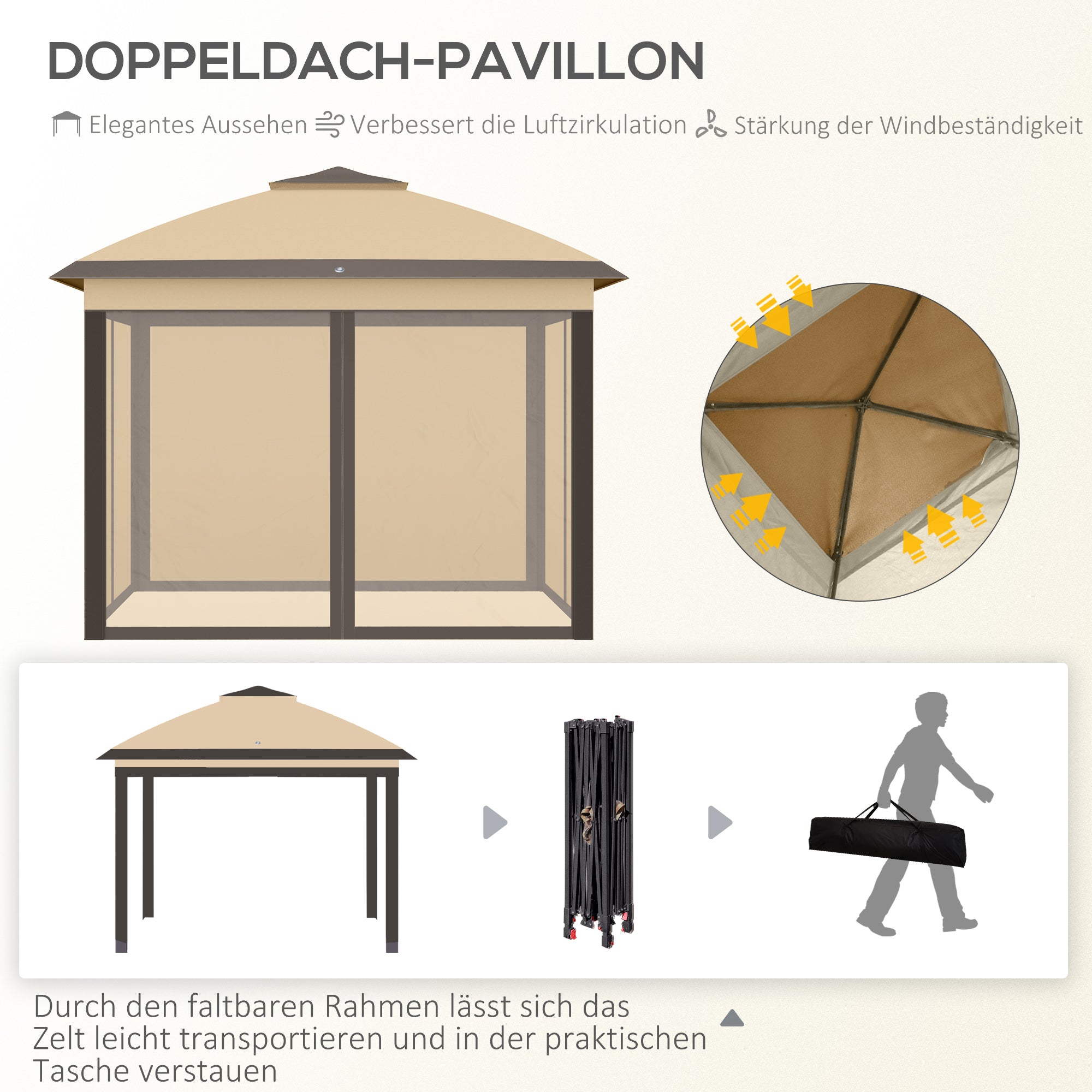 Pavilion 3.3x3.3m, Waterproof Winterproof Pop-Up Folding Pavilion with Double Roof, UV Protection, Foldable Party Tent Garden Tent with Side Panels, Bag Garden Pavilion for Camping Garden, Beige