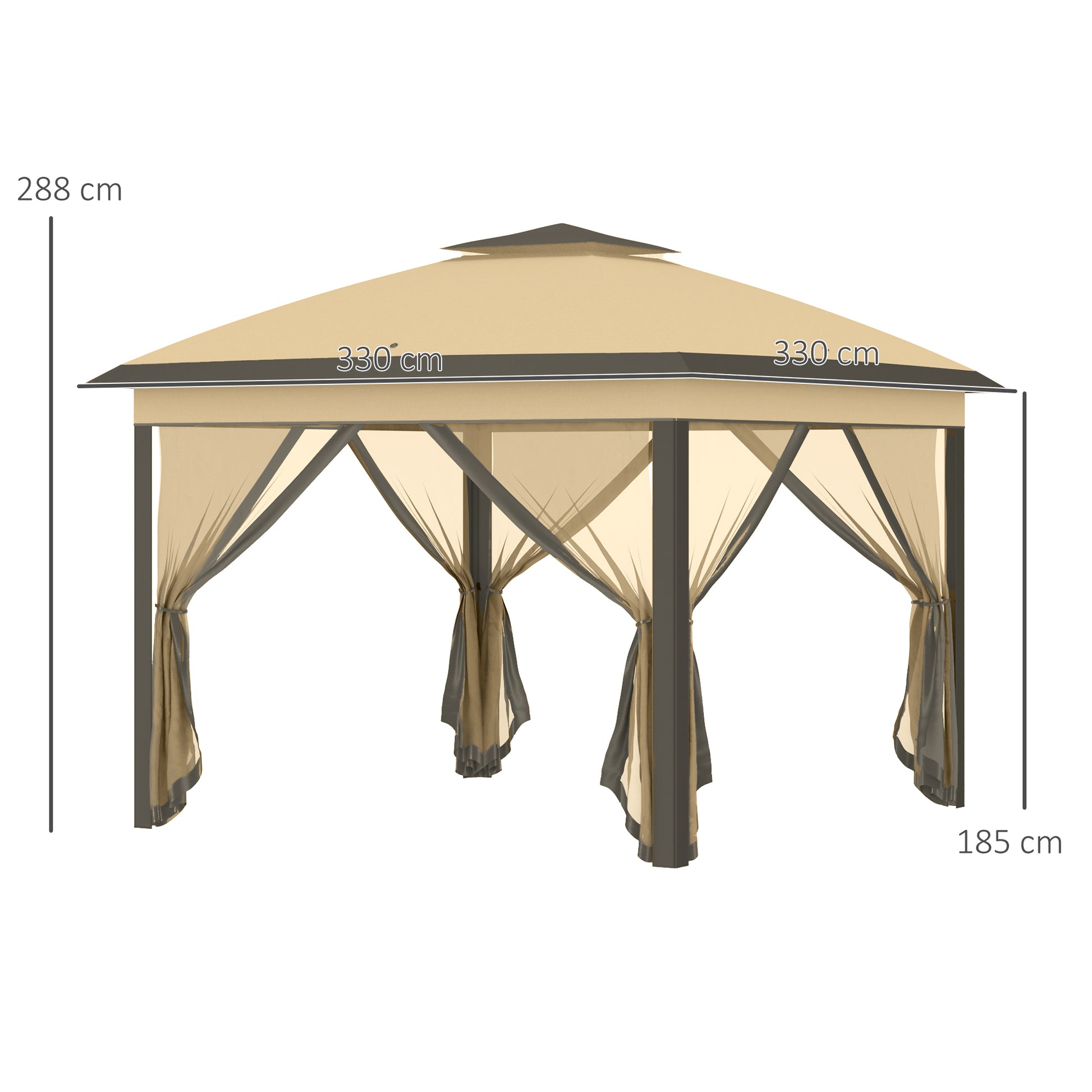Pavilion 3.3x3.3m, Waterproof Winterproof Pop-Up Folding Pavilion with Double Roof, UV Protection, Foldable Party Tent Garden Tent with Side Panels, Bag Garden Pavilion for Camping Garden, Beige