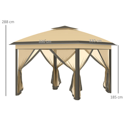 Pavilion 3.3x3.3m, Waterproof Winterproof Pop-Up Folding Pavilion with Double Roof, UV Protection, Foldable Party Tent Garden Tent with Side Panels, Bag Garden Pavilion for Camping Garden, Beige