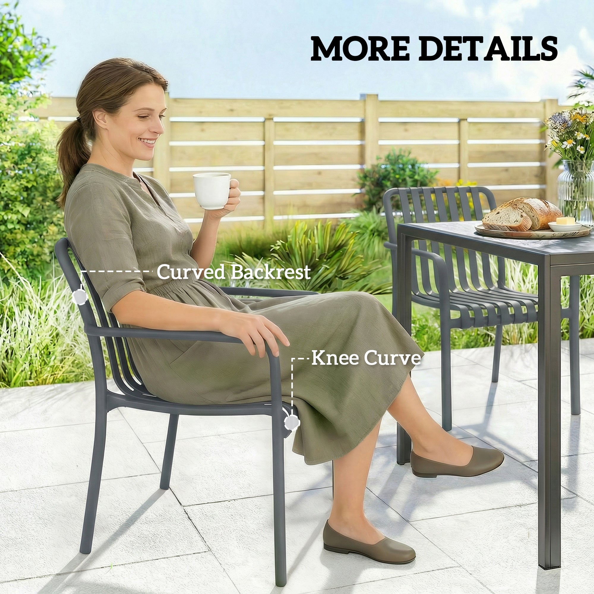4-Piece Stackable Patio Chairs – Slatted Design with Armrests, Ergonomic Outdoor Dining Chairs for Garden & Balcony, 265 lb Capacity, Dark Gray