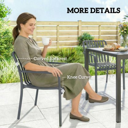4-Piece Stackable Patio Chairs – Slatted Design with Armrests, Ergonomic Outdoor Dining Chairs for Garden & Balcony, 265 lb Capacity, Dark Gray