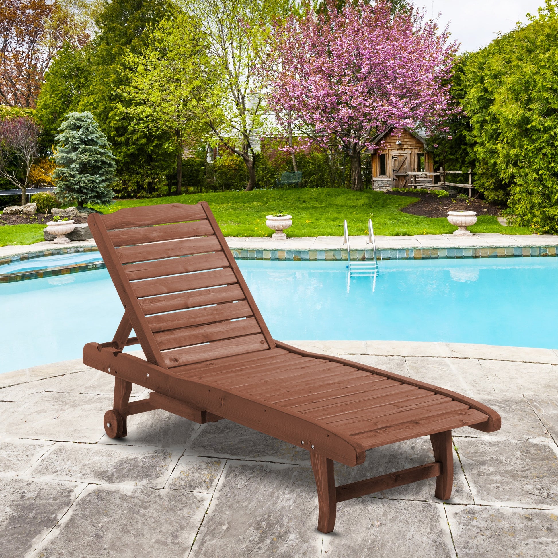 Outdoor Wood Lounger Reclining Garden Chair with 2 Wheels Adjustable Backrest in 3 Levels and 1 Tray Load 130 kg for Terrace Patio Natural