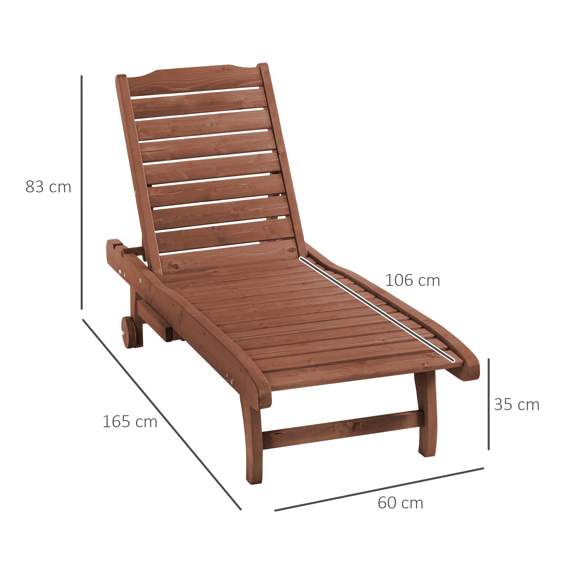 Outdoor Wood Lounger Reclining Garden Chair with 2 Wheels Adjustable Backrest in 3 Levels and 1 Tray Load 130 kg for Terrace Patio Natural