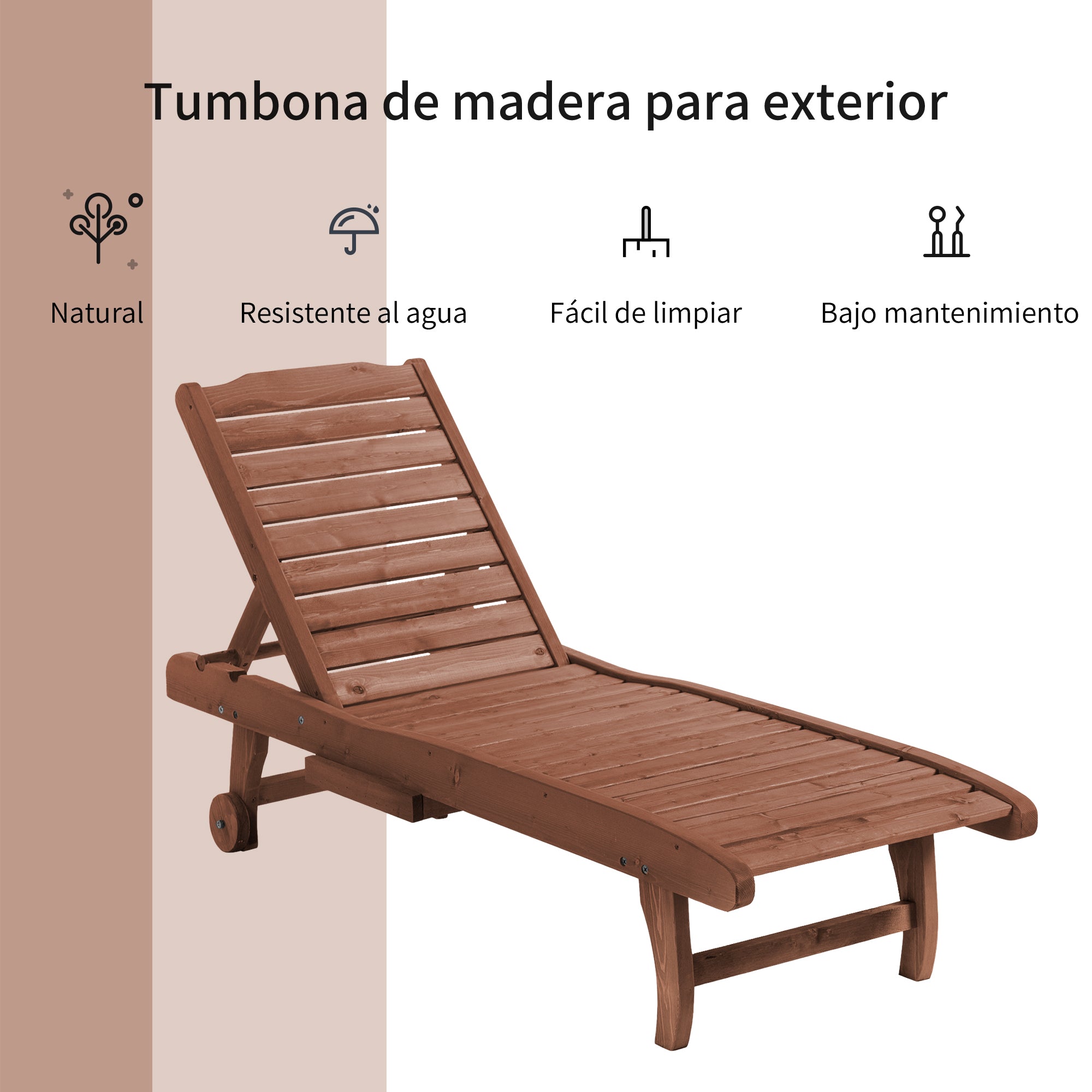 Outdoor Wood Lounger Reclining Garden Chair with 2 Wheels Adjustable Backrest in 3 Levels and 1 Tray Load 130 kg for Terrace Patio Natural