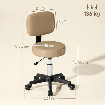 Rolling Stool with Backrest, Height Adjustable (72–84 cm / 28.3–33.1 in), 360° Swivel Office/Salon/Massage Stool – Light Brown