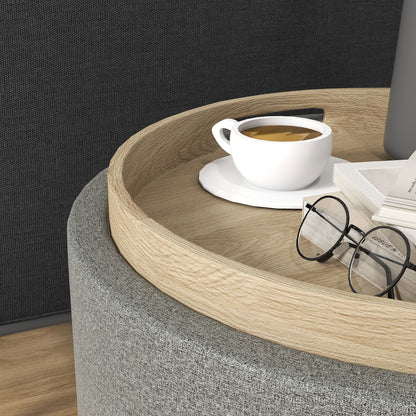 Storage Ottoman with Seat Cushion Ottoman with Flip Cover, Round Footstool Seat Cube Storage Box Upholstered Ottoman, Linen-Look 56 x 42 x 42 cm Gray