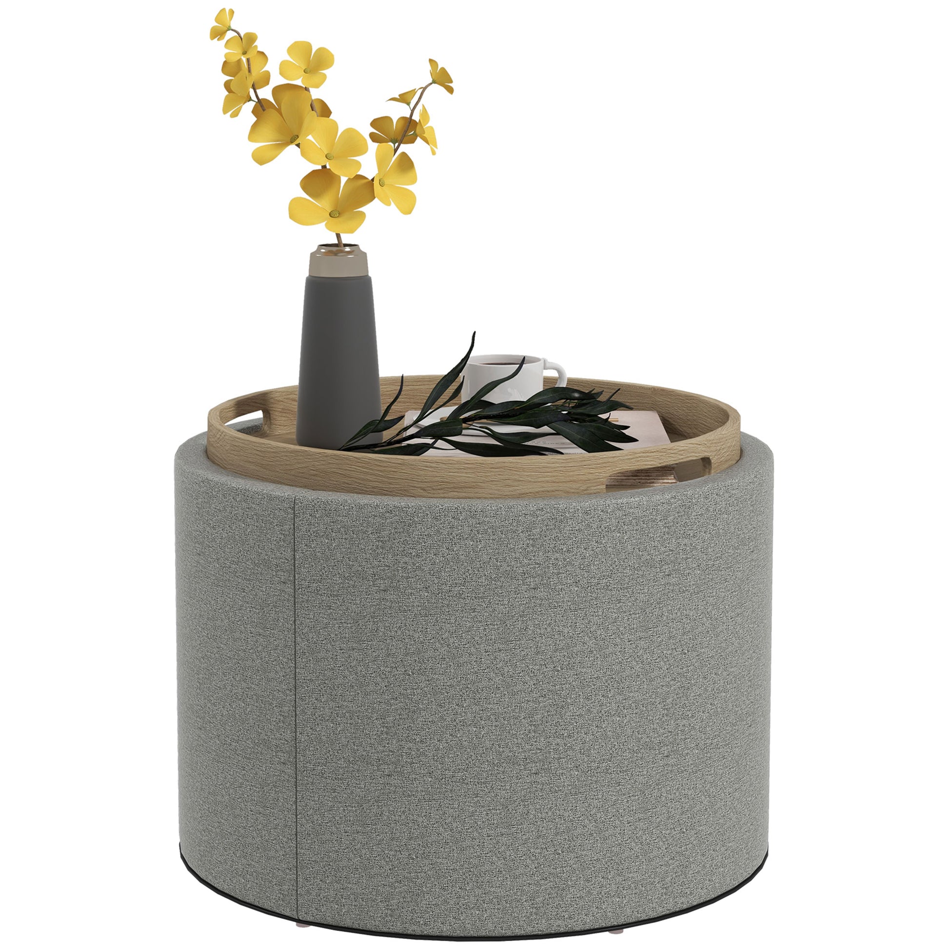 Storage Ottoman with Seat Cushion Ottoman with Flip Cover, Round Footstool Seat Cube Storage Box Upholstered Ottoman, Linen-Look 56 x 42 x 42 cm Gray