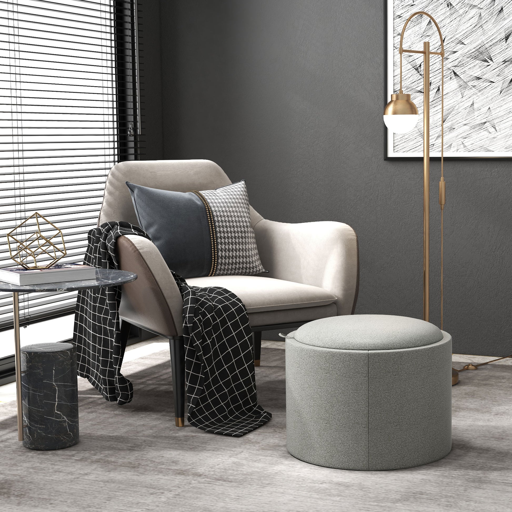 Storage Ottoman with Seat Cushion Ottoman with Flip Cover, Round Footstool Seat Cube Storage Box Upholstered Ottoman, Linen-Look 56 x 42 x 42 cm Gray