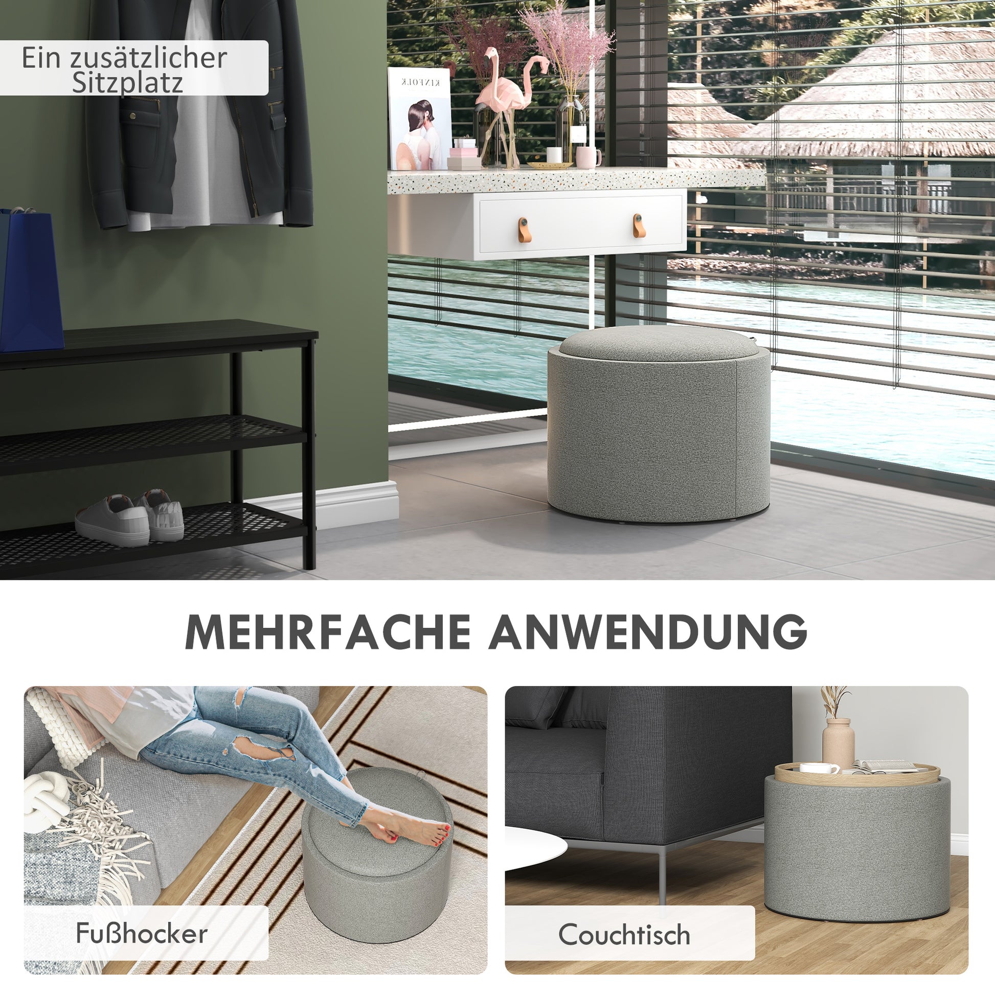 Storage Ottoman with Seat Cushion Ottoman with Flip Cover, Round Footstool Seat Cube Storage Box Upholstered Ottoman, Linen-Look 56 x 42 x 42 cm Gray