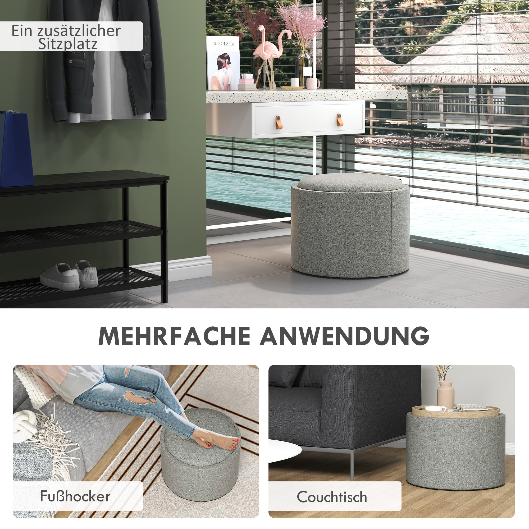 Storage Ottoman with Seat Cushion Ottoman with Flip Cover, Round Footstool Seat Cube Storage Box Upholstered Ottoman, Linen-Look 56 x 42 x 42 cm Gray