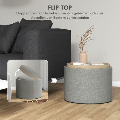 Storage Ottoman with Seat Cushion Ottoman with Flip Cover, Round Footstool Seat Cube Storage Box Upholstered Ottoman, Linen-Look 56 x 42 x 42 cm Gray