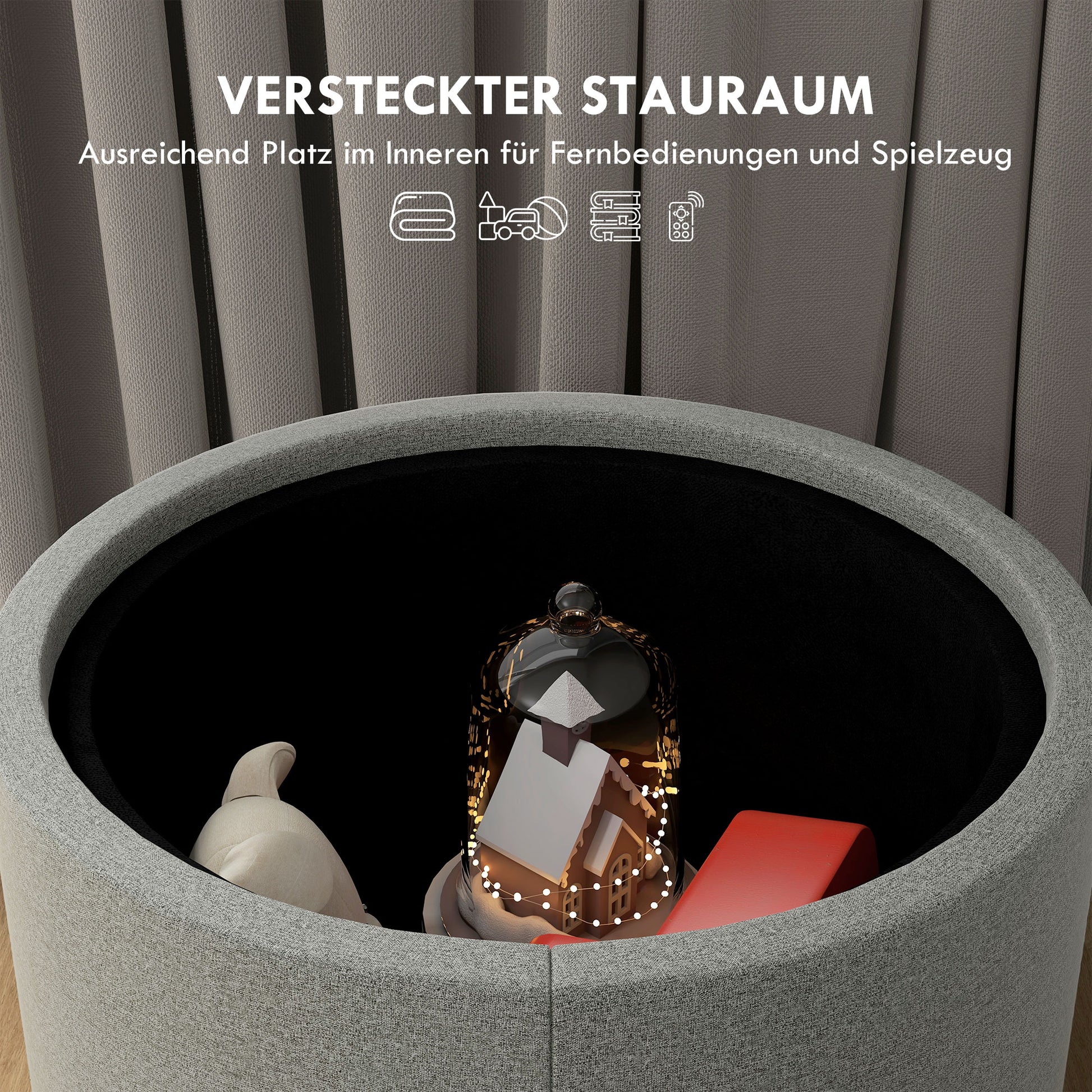 Storage Ottoman with Seat Cushion Ottoman with Flip Cover, Round Footstool Seat Cube Storage Box Upholstered Ottoman, Linen-Look 56 x 42 x 42 cm Gray