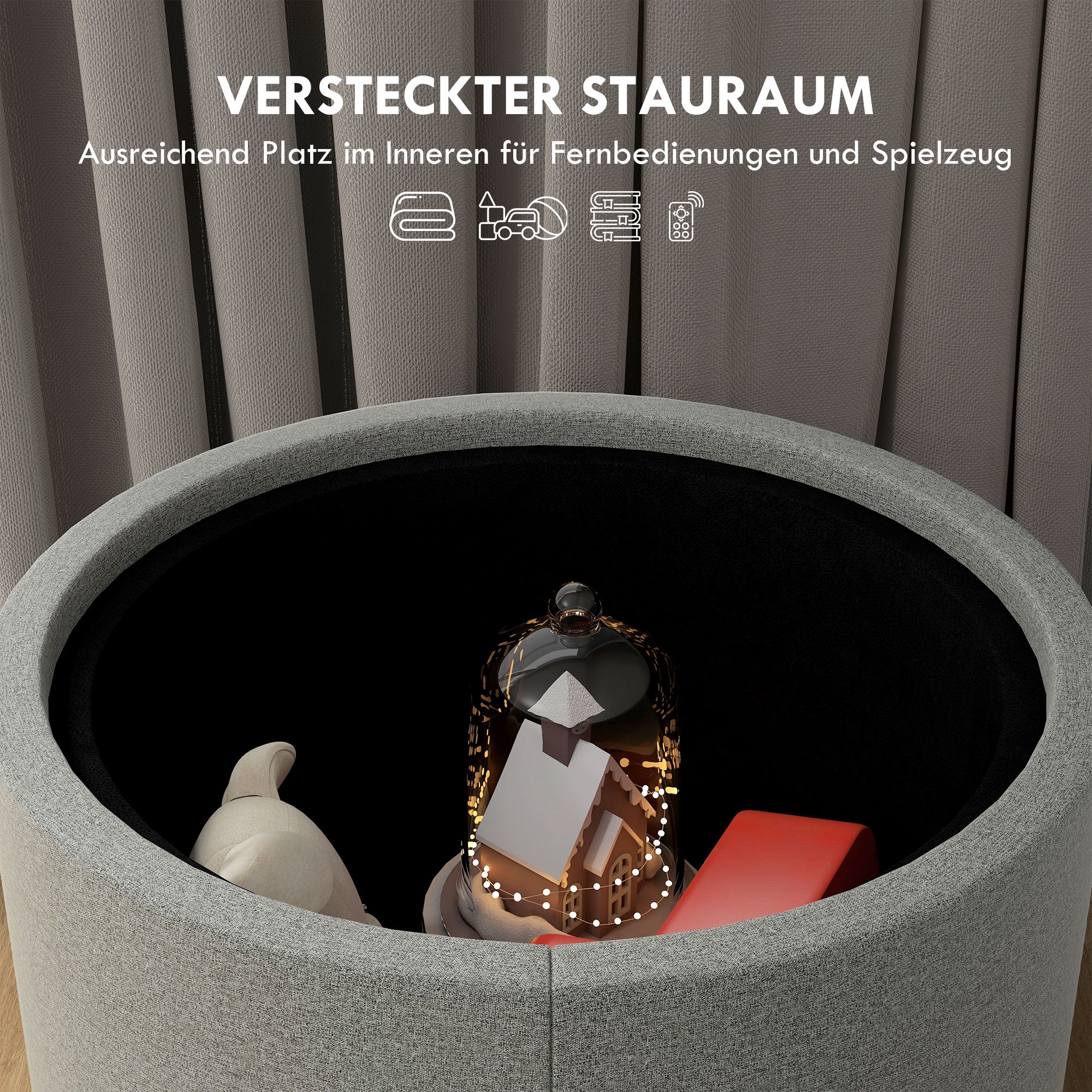 Storage Ottoman with Seat Cushion Ottoman with Flip Cover, Round Footstool Seat Cube Storage Box Upholstered Ottoman, Linen-Look 56 x 42 x 42 cm Gray