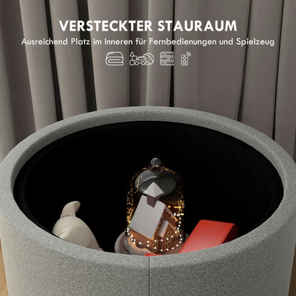 Storage Ottoman with Seat Cushion Ottoman with Flip Cover, Round Footstool Seat Cube Storage Box Upholstered Ottoman, Linen-Look 56 x 42 x 42 cm Gray