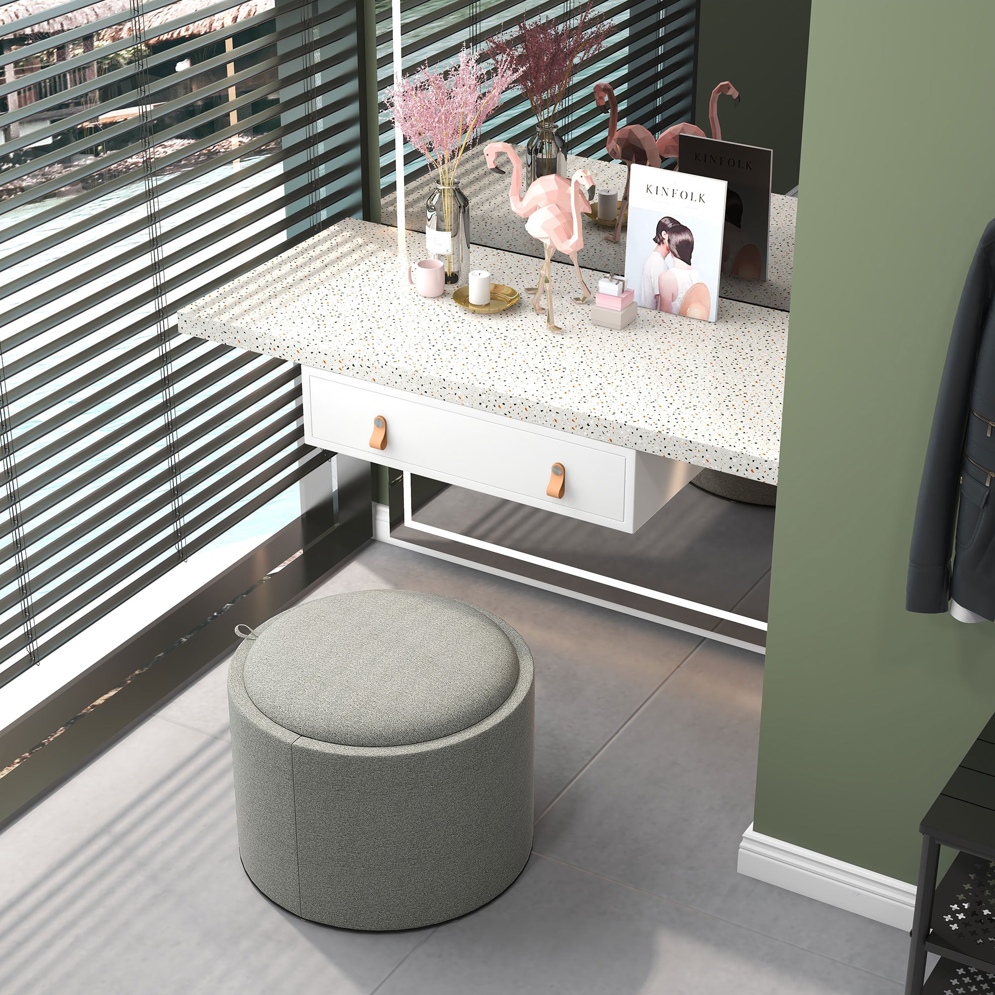 Storage Ottoman with Seat Cushion Ottoman with Flip Cover, Round Footstool Seat Cube Storage Box Upholstered Ottoman, Linen-Look 56 x 42 x 42 cm Gray