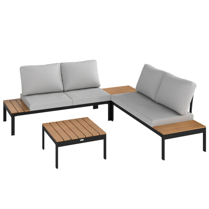 4-Piece Garden Lounge Set, with 2 2-Seater Outdoor Loveseats and 2 Square Coffee Tables in Wood and Removable Cushions, Metal and Composite Wood Furniture Set, Teak